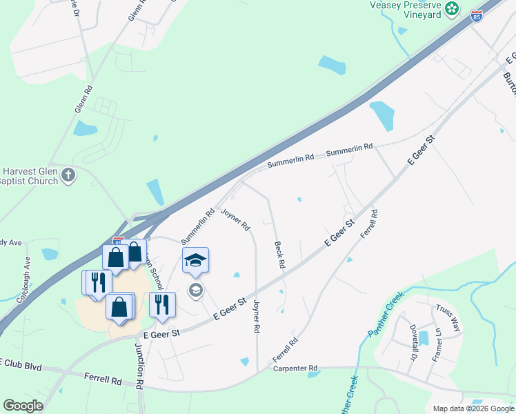 map of restaurants, bars, coffee shops, grocery stores, and more near 2730 Joyner Road in Durham