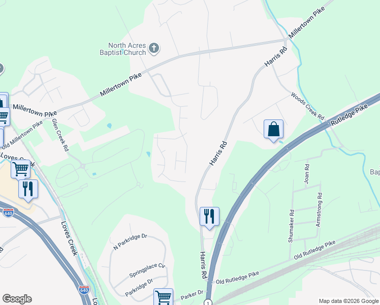 map of restaurants, bars, coffee shops, grocery stores, and more near 1929 Harris Road in Knoxville