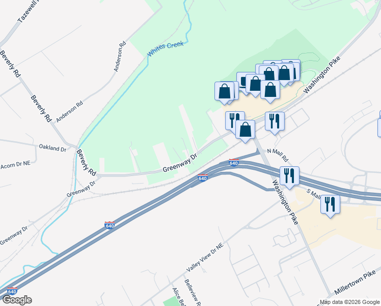 map of restaurants, bars, coffee shops, grocery stores, and more near 4405 Greenway Drive in Knoxville