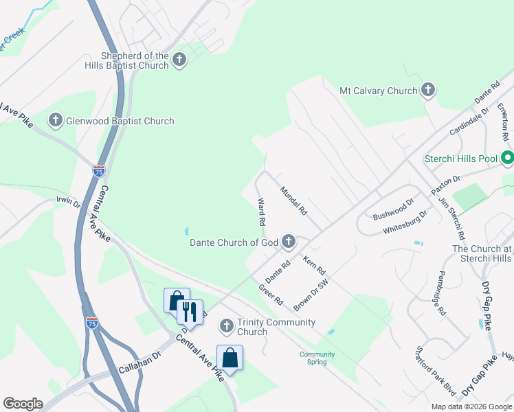 map of restaurants, bars, coffee shops, grocery stores, and more near 6823 Ward Road in Knoxville