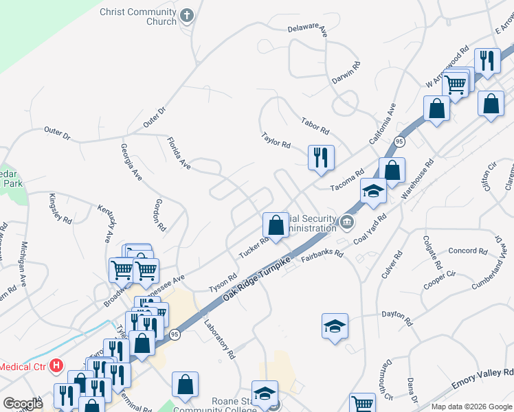 map of restaurants, bars, coffee shops, grocery stores, and more near 301 Florida Avenue in Oak Ridge