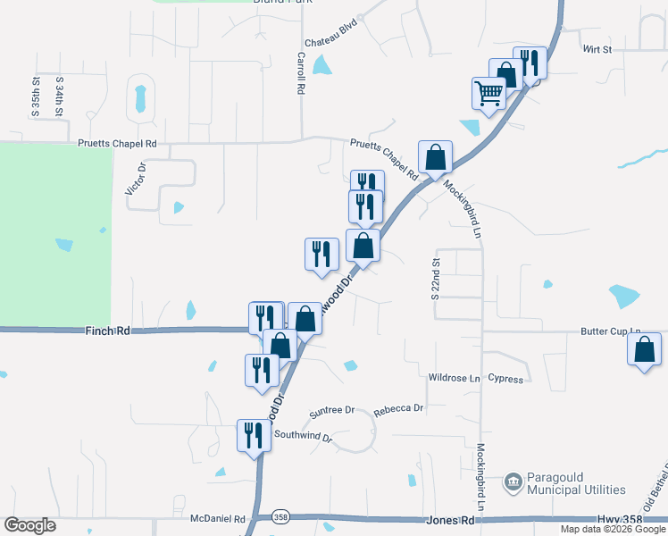 map of restaurants, bars, coffee shops, grocery stores, and more near 2308 Linwood Drive in Paragould