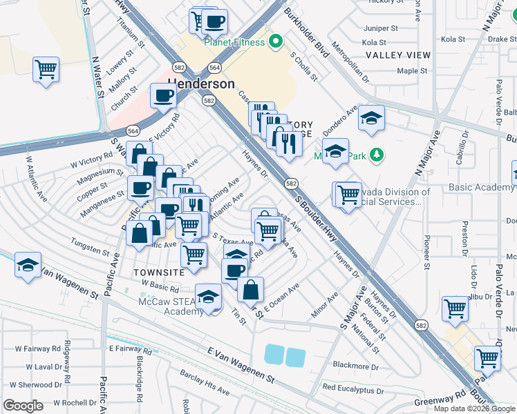 map of restaurants, bars, coffee shops, grocery stores, and more near 227 Kansas Avenue in Henderson