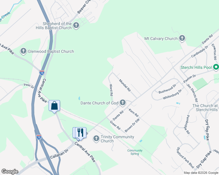 map of restaurants, bars, coffee shops, grocery stores, and more near 6823 Ward Road in Knoxville