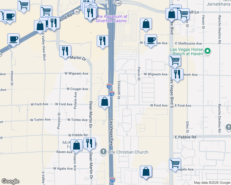 map of restaurants, bars, coffee shops, grocery stores, and more near 8629 Ensworth Street in Las Vegas