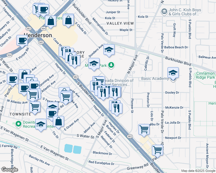 map of restaurants, bars, coffee shops, grocery stores, and more near 525 Harris Street in Henderson