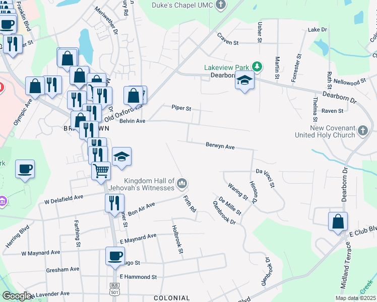 map of restaurants, bars, coffee shops, grocery stores, and more near 702 Berwyn Avenue in Durham