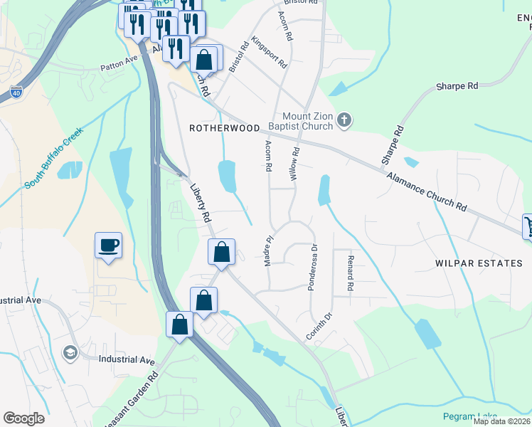 map of restaurants, bars, coffee shops, grocery stores, and more near 2318 Acorn Road in Greensboro
