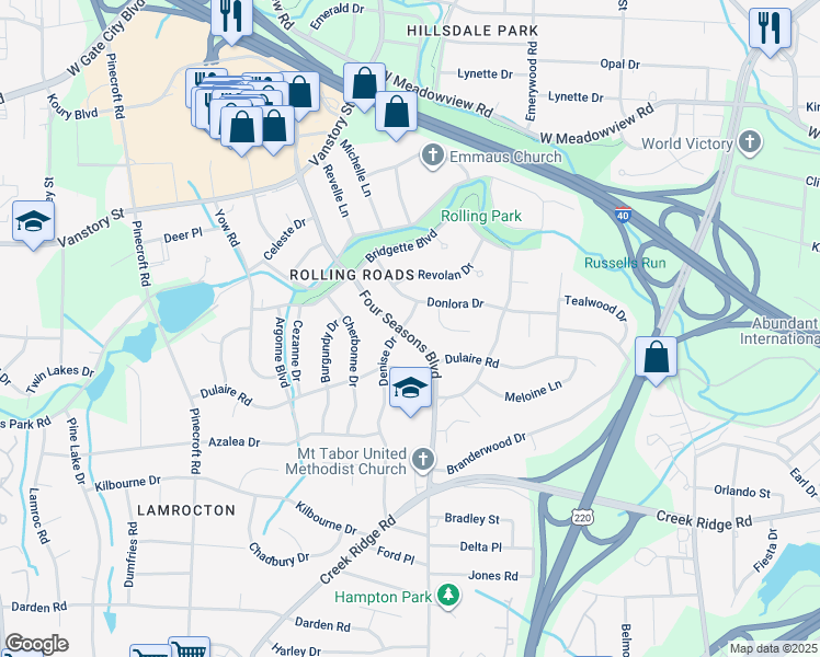 map of restaurants, bars, coffee shops, grocery stores, and more near 2501 4 Seasons Boulevard in Greensboro