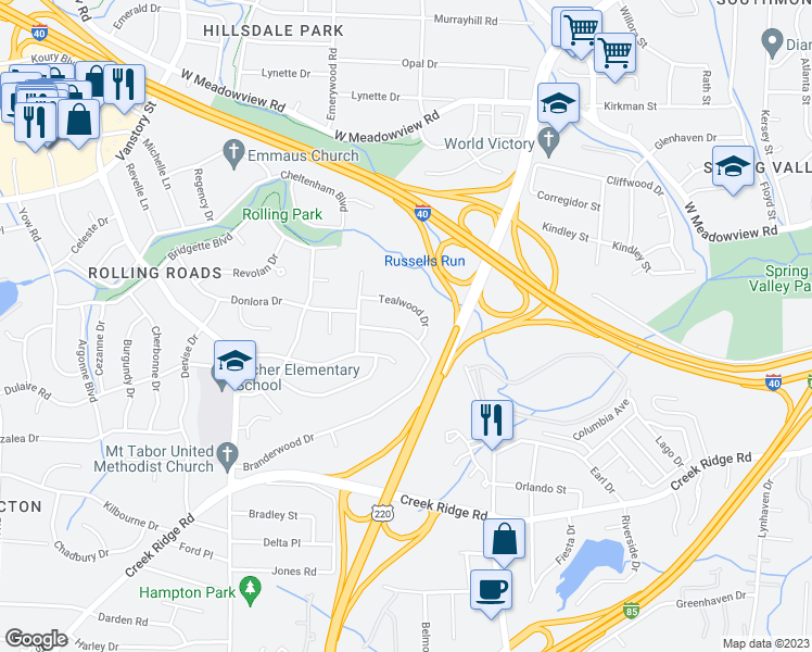 map of restaurants, bars, coffee shops, grocery stores, and more near 2101 Tealwood Drive in Greensboro