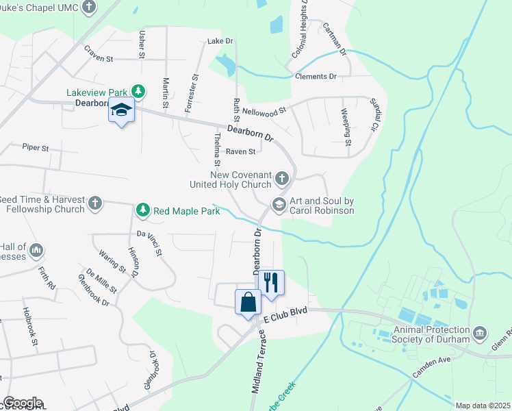 map of restaurants, bars, coffee shops, grocery stores, and more near 2707 Dearborn Drive in Durham