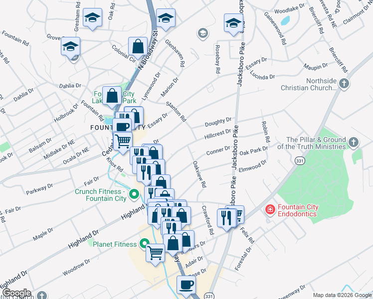 map of restaurants, bars, coffee shops, grocery stores, and more near 5121 Oakview Road in Knoxville