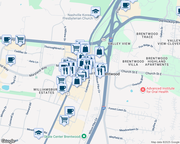 map of restaurants, bars, coffee shops, grocery stores, and more near 7024 Church Street East in Brentwood