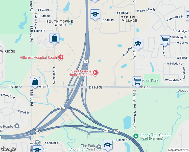 map of restaurants, bars, coffee shops, grocery stores, and more near 10501 East 91st Street in Tulsa