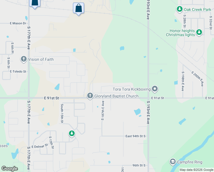 map of restaurants, bars, coffee shops, grocery stores, and more near 18719-18865 East 91st Street in Broken Arrow