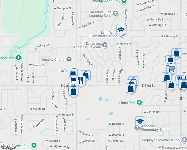 map of restaurants, bars, coffee shops, grocery stores, and more near 1925 West Urbana Street in Broken Arrow