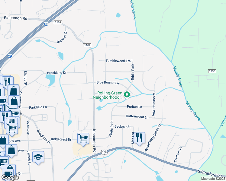 map of restaurants, bars, coffee shops, grocery stores, and more near 6040 Rollingreen Drive in Winston-Salem