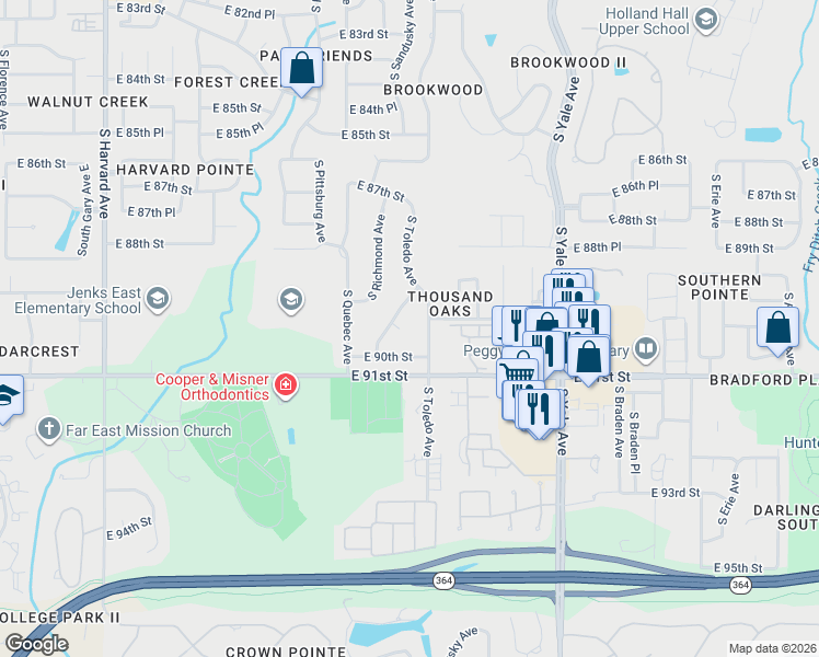 map of restaurants, bars, coffee shops, grocery stores, and more near 8939 South Sandusky Avenue in Tulsa