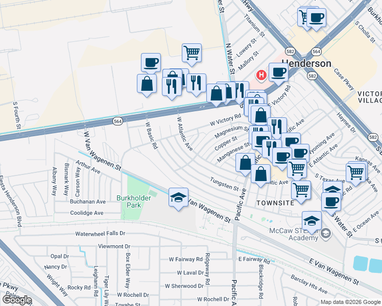 map of restaurants, bars, coffee shops, grocery stores, and more near 302 Tungsten Street in Henderson
