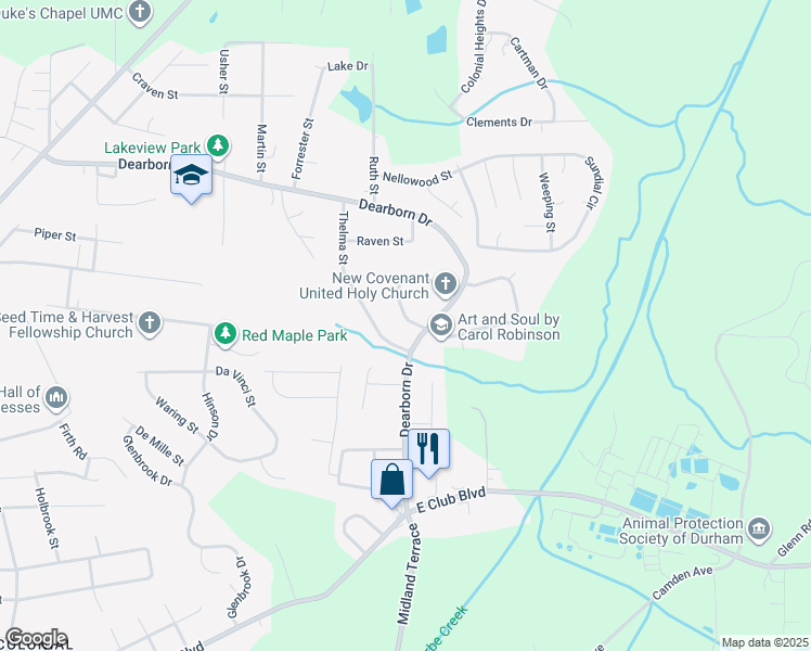 map of restaurants, bars, coffee shops, grocery stores, and more near 2707 Dearborn Drive in Durham