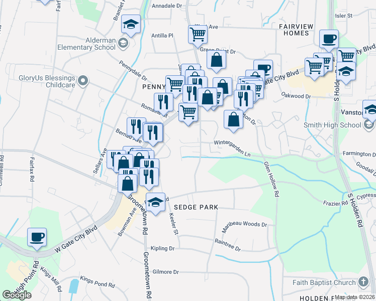 map of restaurants, bars, coffee shops, grocery stores, and more near 2914 West Vandalia Road in Greensboro