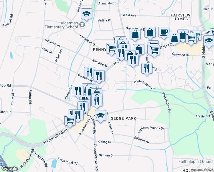 map of restaurants, bars, coffee shops, grocery stores, and more near 3900 Marchester Way in Greensboro