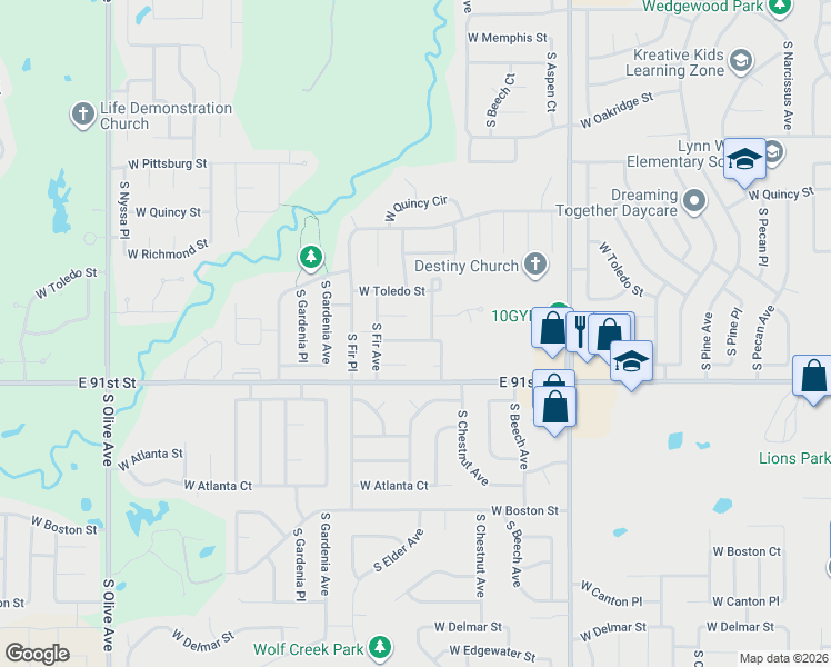 map of restaurants, bars, coffee shops, grocery stores, and more near 2605 West Urbana Street in Broken Arrow