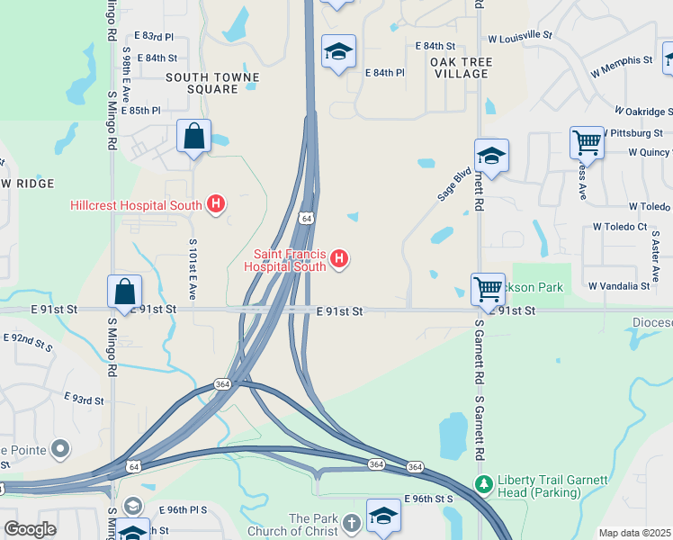 map of restaurants, bars, coffee shops, grocery stores, and more near 10507 East 91st Street in Tulsa