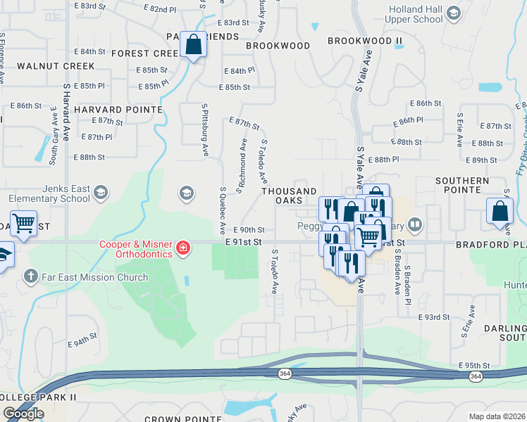 map of restaurants, bars, coffee shops, grocery stores, and more near 8939 South Sandusky Avenue in Tulsa