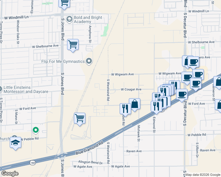 map of restaurants, bars, coffee shops, grocery stores, and more near 8380 South Westwind Road in Las Vegas