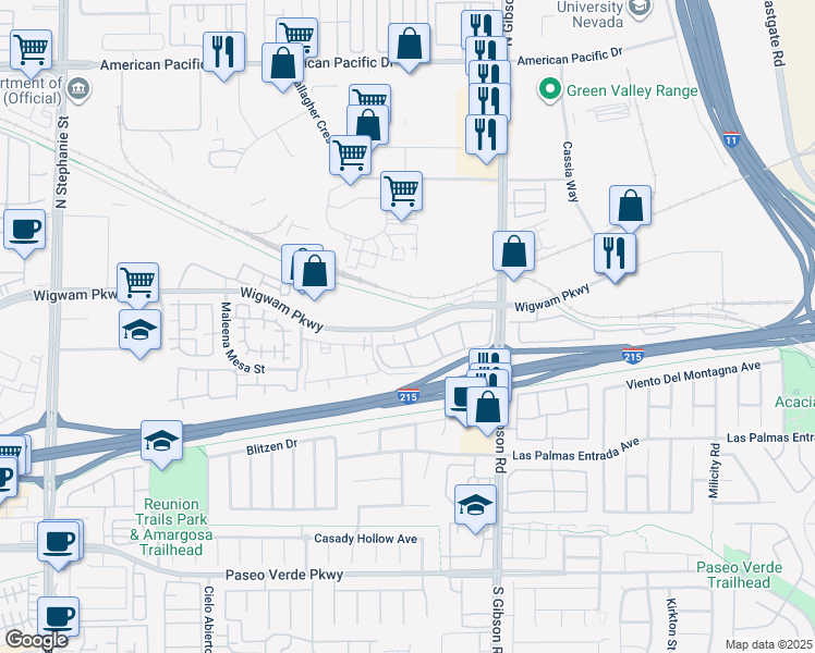map of restaurants, bars, coffee shops, grocery stores, and more near 1005 Wigwam Parkway in Henderson