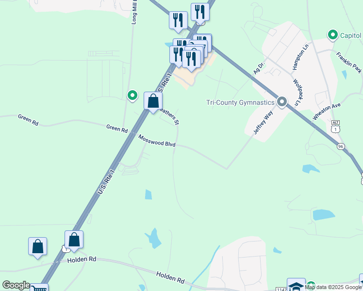 map of restaurants, bars, coffee shops, grocery stores, and more near Mosswood Boulevard in Youngsville