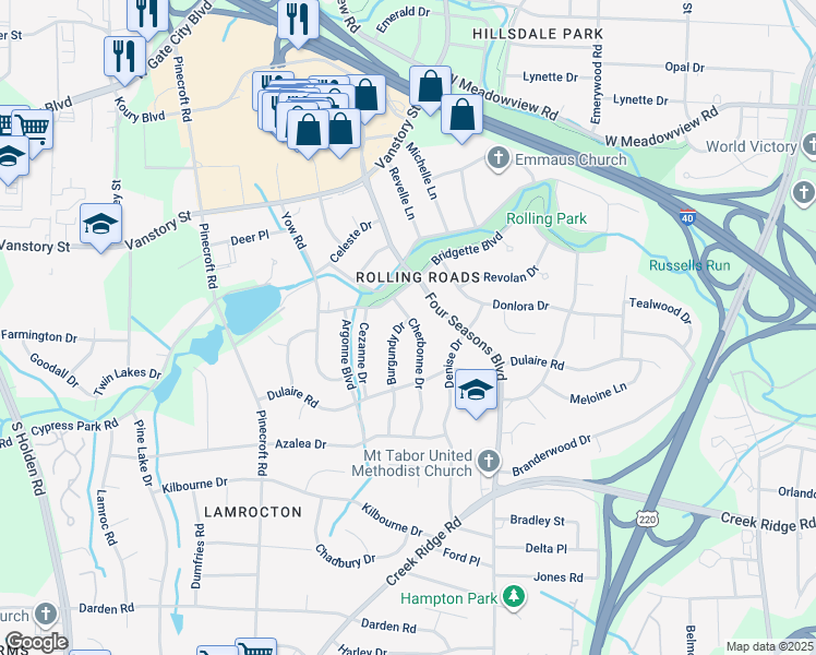 map of restaurants, bars, coffee shops, grocery stores, and more near 2508 Cherbonne Drive in Greensboro