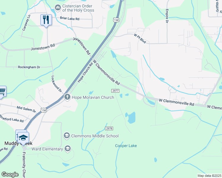 map of restaurants, bars, coffee shops, grocery stores, and more near 2816 Woodard Road in Winston-Salem