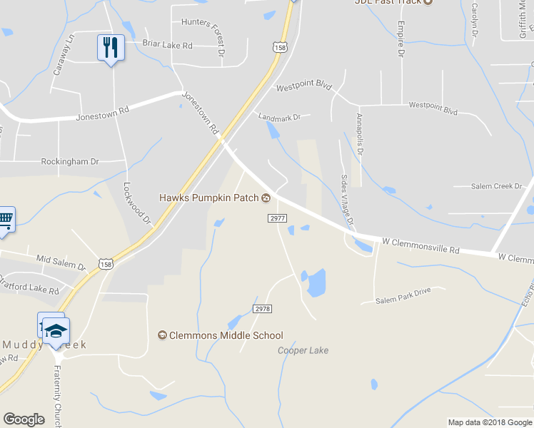 map of restaurants, bars, coffee shops, grocery stores, and more near 2816 Woodard Road in Winston-Salem