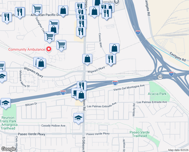 map of restaurants, bars, coffee shops, grocery stores, and more near 985 Wigwam Parkway in Henderson