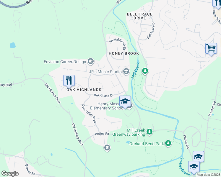 map of restaurants, bars, coffee shops, grocery stores, and more near 5412 Oak Chase Drive in Nashville