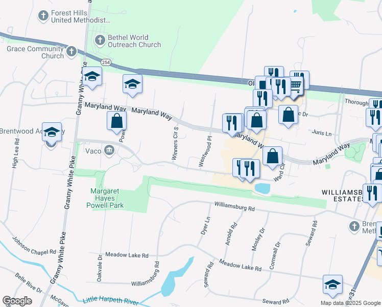 map of restaurants, bars, coffee shops, grocery stores, and more near 5200 Virginia Way in Brentwood