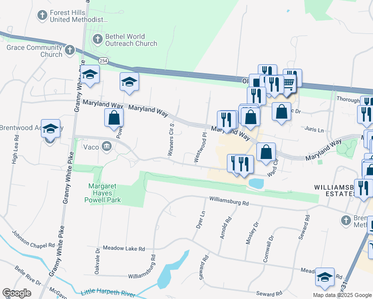 map of restaurants, bars, coffee shops, grocery stores, and more near 5200 Virginia Way in Brentwood