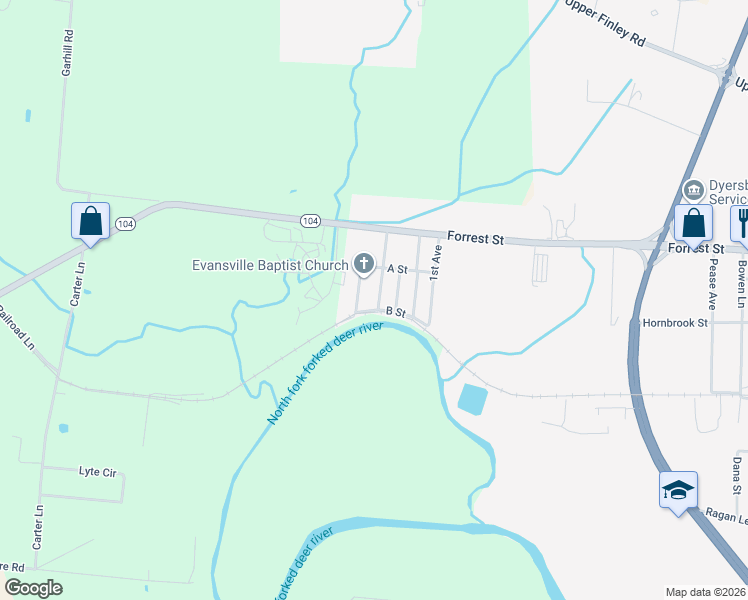 map of restaurants, bars, coffee shops, grocery stores, and more near 2121 B Street in Dyersburg