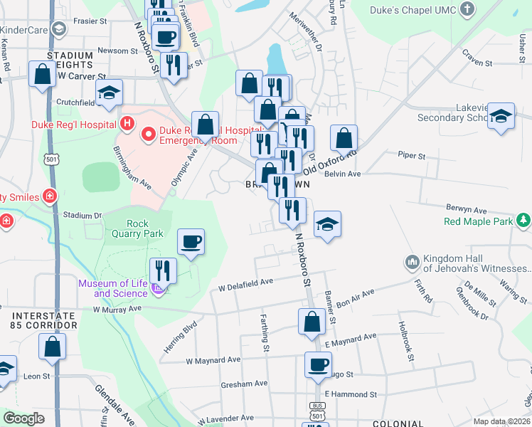 map of restaurants, bars, coffee shops, grocery stores, and more near 3311 Spector Street in Durham