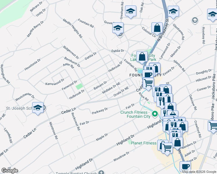 map of restaurants, bars, coffee shops, grocery stores, and more near 510 Midlake Drive Northeast in Knoxville