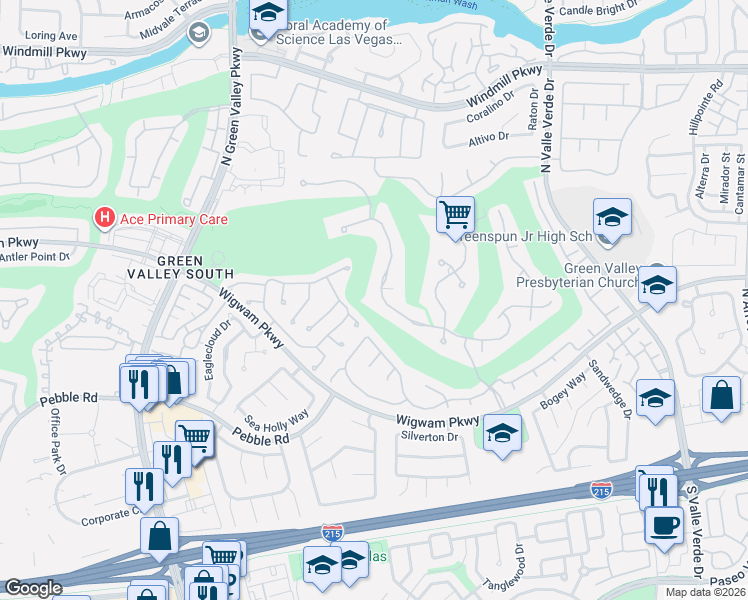 map of restaurants, bars, coffee shops, grocery stores, and more near 2033 Troon Drive in Henderson