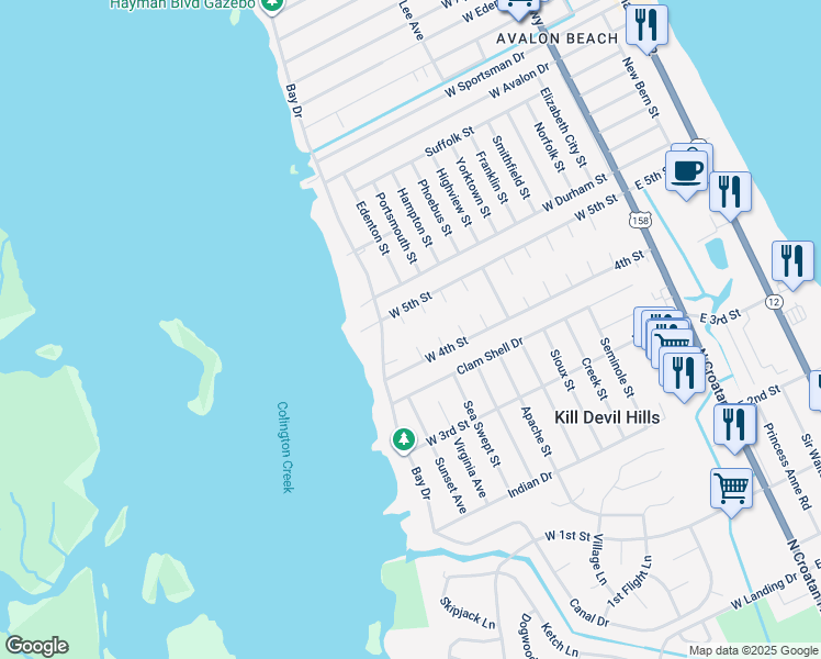 map of restaurants, bars, coffee shops, grocery stores, and more near 1110 Charlotte Lane in Kill Devil Hills