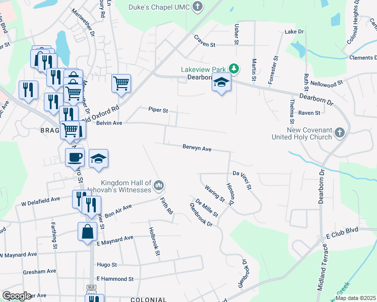 map of restaurants, bars, coffee shops, grocery stores, and more near 724 Berwyn Avenue in Durham
