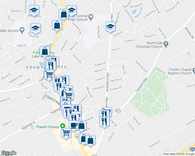 map of restaurants, bars, coffee shops, grocery stores, and more near 3106 Conner Drive in Knoxville