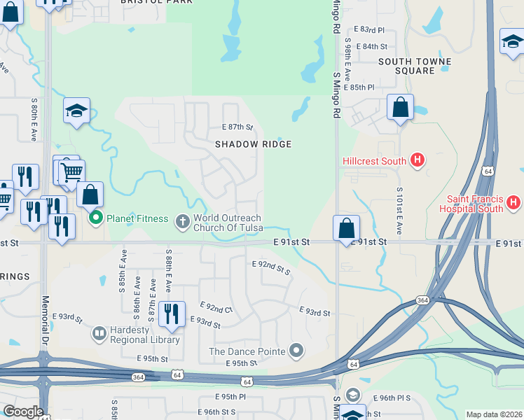 map of restaurants, bars, coffee shops, grocery stores, and more near 9027 South 92nd East Place in Tulsa