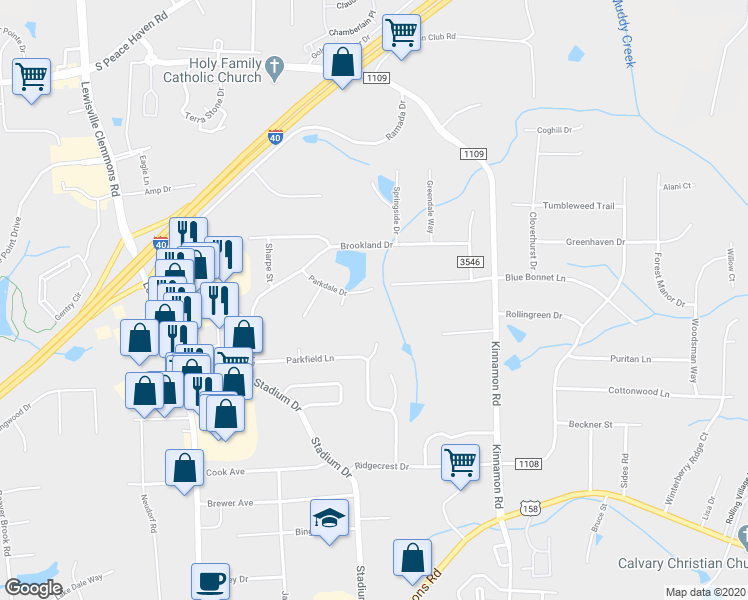map of restaurants, bars, coffee shops, grocery stores, and more near 6010 Parkdale Drive in Clemmons