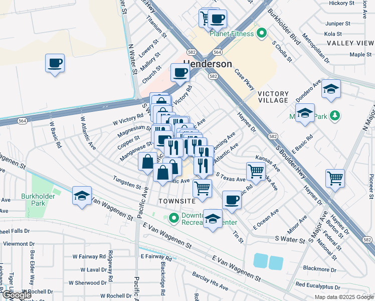 map of restaurants, bars, coffee shops, grocery stores, and more near 112 South Water Street in Henderson