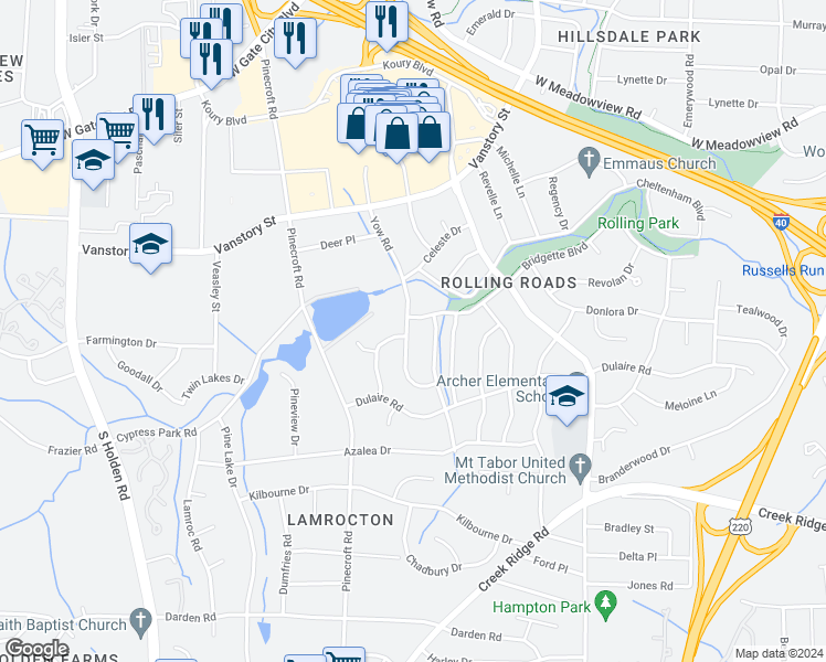 map of restaurants, bars, coffee shops, grocery stores, and more near 2503 Yow Road in Greensboro